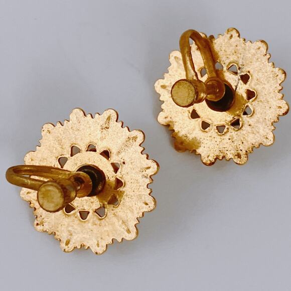 Vintage 1950s Earrings Aqua Enamel Rosebud Screw Back Mid Century Gold Tone - Picture 6 of 11